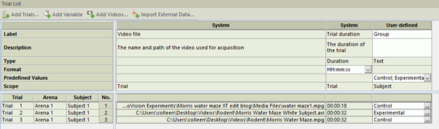 Trial list ethovision