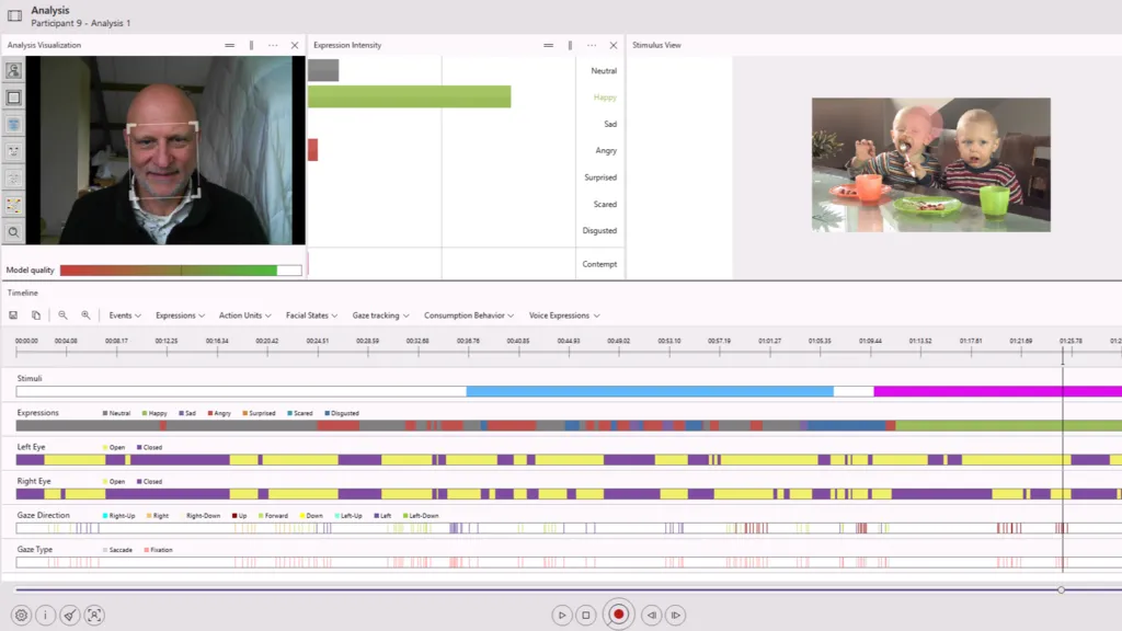 Eye tracking in FaceReader helps you gain insight into visual attention, ideal for psychology, marketing, or UX research.