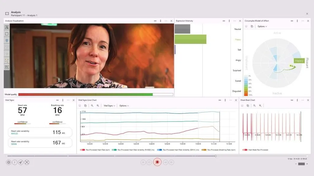 Screenshot of FaceReader showing the output for vital signs and facial expressions